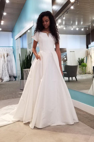White Satin Short Sleeves Wedding Dresses with Pockets US2 Royal Blue