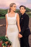 Wide Straps White Floor-Length Bride Dress with Stones Belt