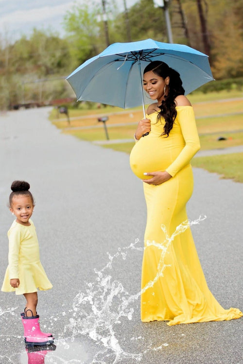 yellow-maternity-dress-off-the-shoulder-long-sleeve