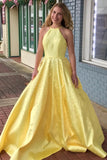 yellow-satin-pearls-prom-dresses-with-halter-neckline