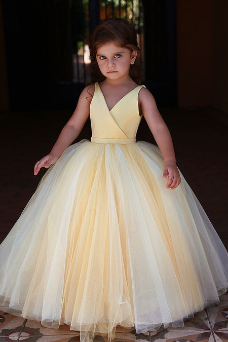 Scoop Neck Ivory Champagne Flower Girl Dress with Tulle Skirt